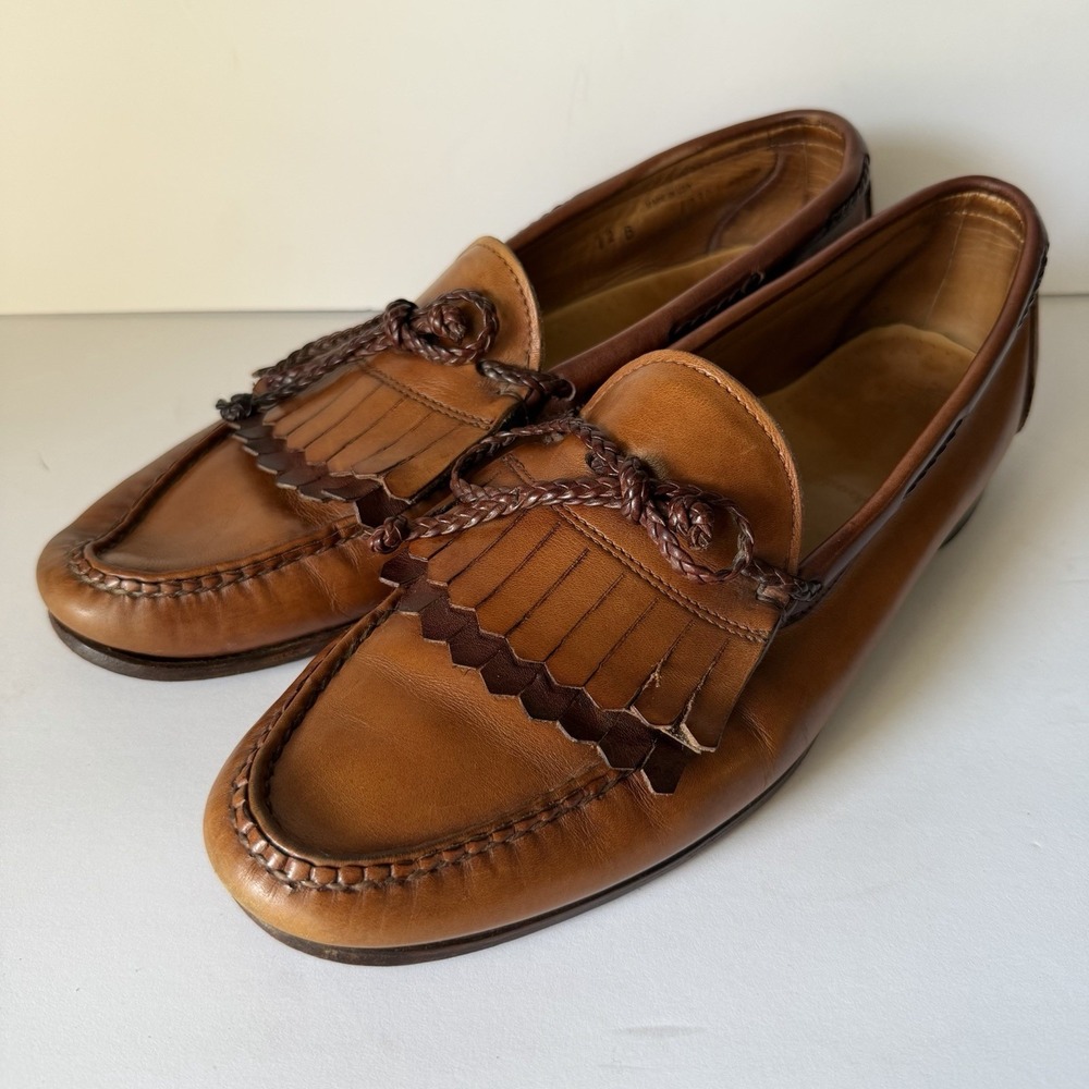 Allen Edmonds Woodstock 12 12B Tan Braided Double Kiltie Slip-On Loafers USA